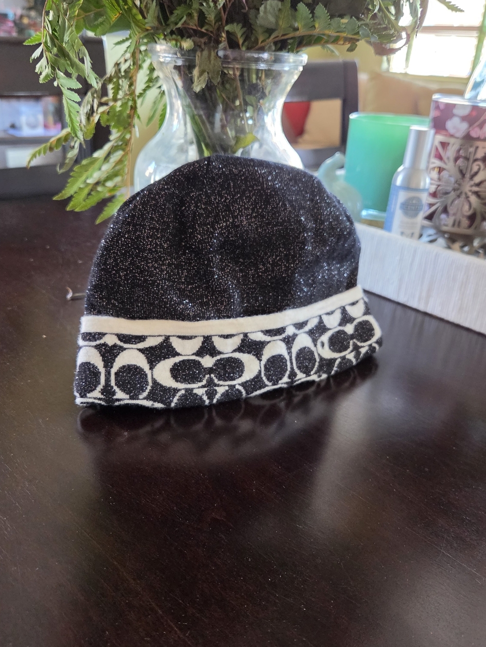 Coach Black Glitter Knit Beanie with Ivory Signature Band